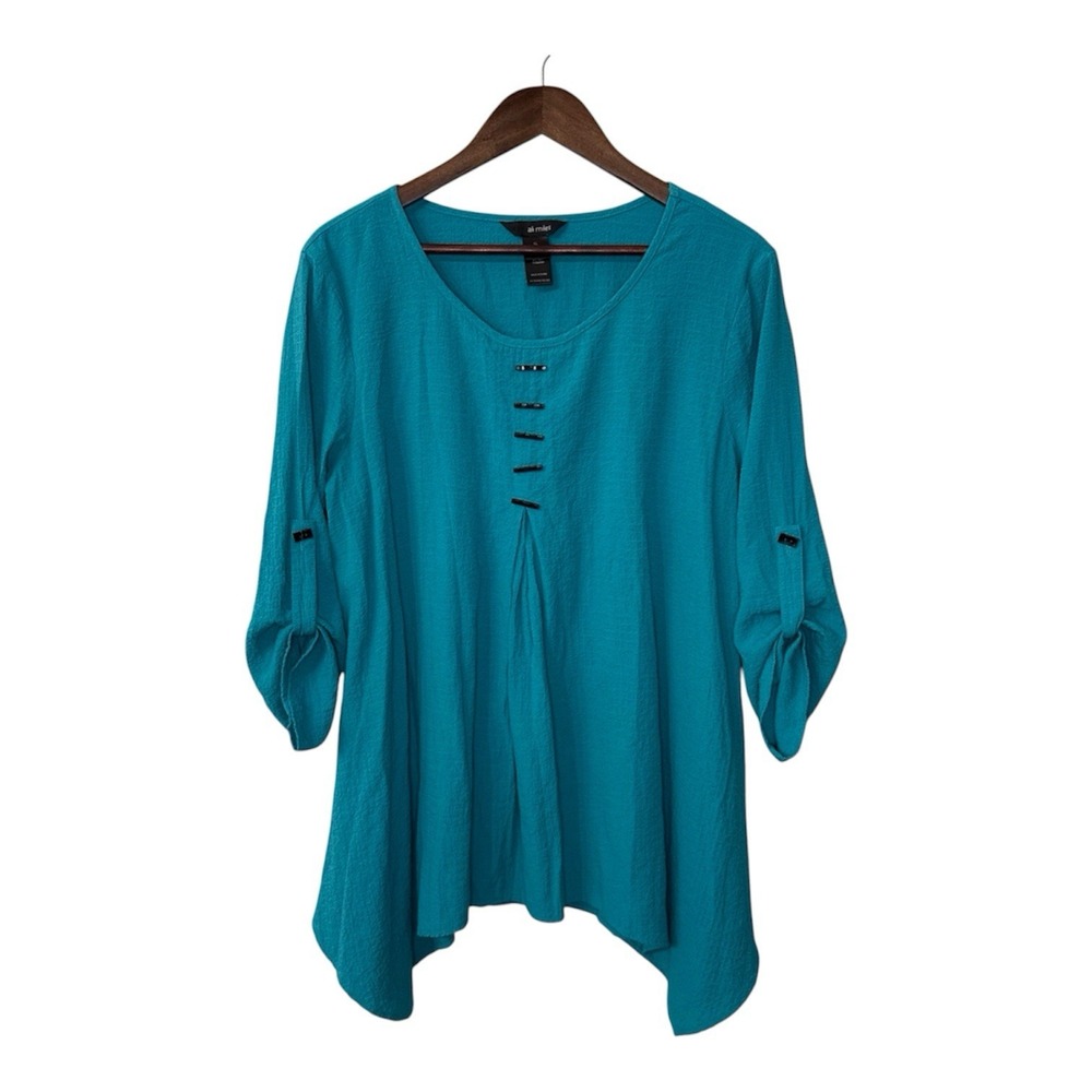 Ali Miles blouse women's XL turquoise southwest colorful boho art lagenlook